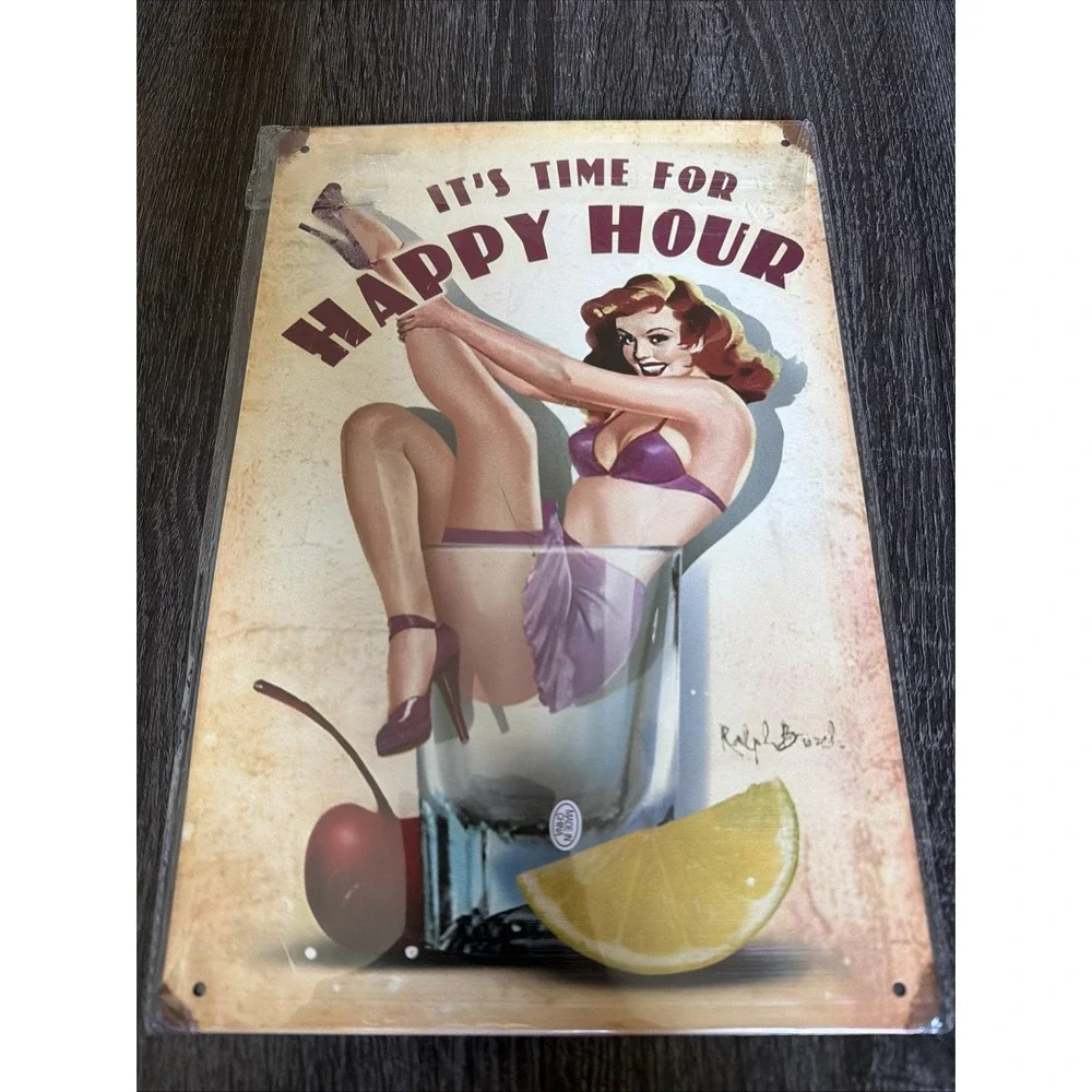 ERLOOD Happy Hour Pin Up Girl Metal Tin Sign Retro Bar Wall Decor Ralph Burch